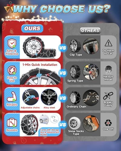 Snow-Chains Auto Fixing 1 Min Quick Fit Easy Installation Tire-Chains, Gifts for Safety, Portable Reusable Universal Emergency Tire Traction Chain for Passenger Car and SUV - Set of 2 (XM-120)