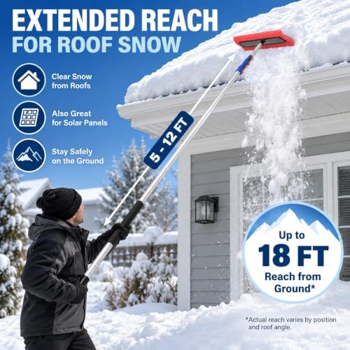 Roof Snow Rake, 5-12 Ft Aluminum Pole, Foam Pad for Roofs