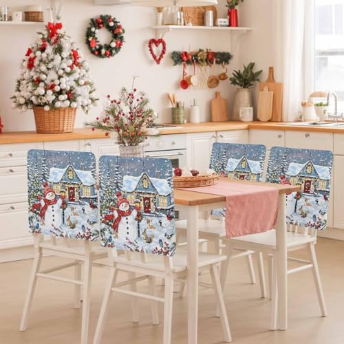 Christmas Snowman Chair Back Covers Set of 8 Xmas Tree Farmhouse Snowflake Washable Removable Chair Cover Slipcover Protector for Dining Room Hotel Party Holiday Decor