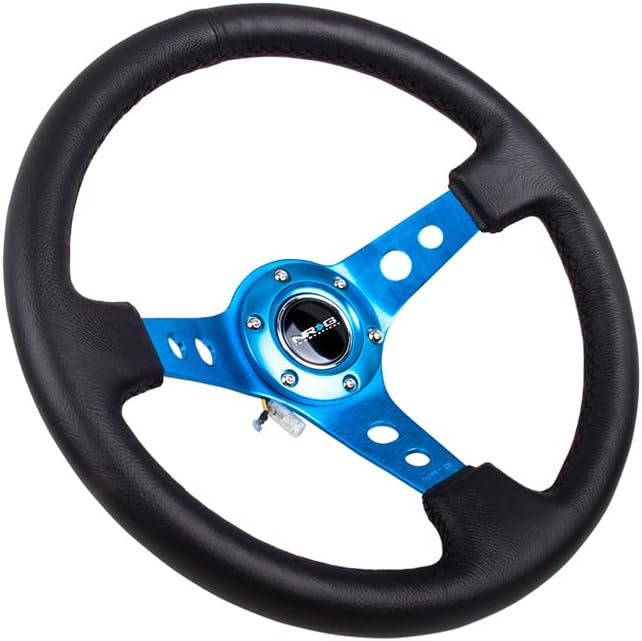 NRG Innovations NRG-RST-006BL Reinforced Steering Wheel - 350mm Sport Steering Wheel (3" Deep) - Blue Spoke w/Round holes/Black Leather