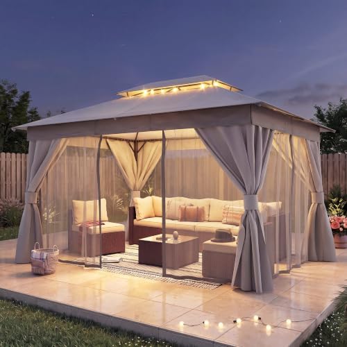 LAUSAINT HOME 10x13 Gazebo Canopy with Netting, Curtains & Double Roof