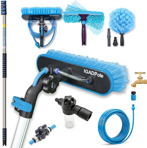 IGADPole 17 FT Water-Fed Washing Kit with Soap-Dispenser, Brush, 10″ Squeegee & Cobweb Duster for Windows, Gutters, Solar Panels & Exterior Walls