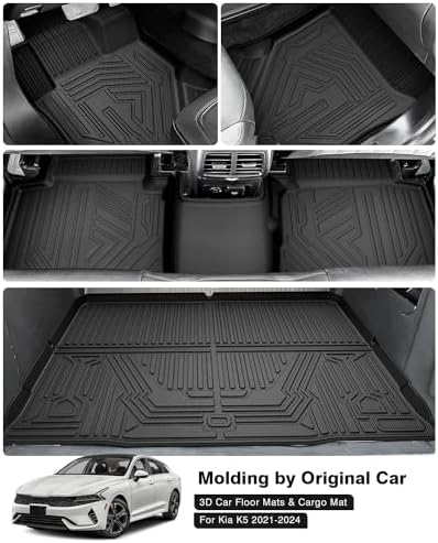 Powerty Floor Mats Cargo Liner for 2021-2026 Kia K5 FWD Model Only All Weather 3D TPE Anti-Slip Car Protection, 1st & 2nd Row Set with Rear Cargo Mat Accessories
