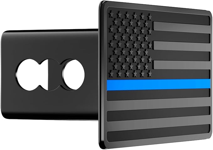 Blue Line American Flag Metal Trailer Hitch Cover for 2" inch Receivers, Tow Hitch Cover for Trucks Cars SUV (Black with Blue Line)