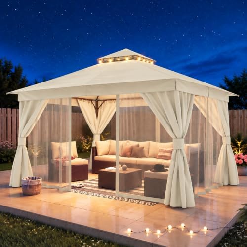 LAUSAINT HOME 12x12 Gazebo Canopy with Netting, Curtains & Double Roof
