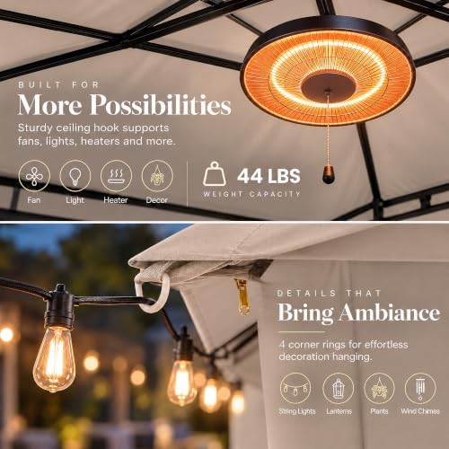 LAUSAINT HOME 10x12 Gazebo with Lights, Netting, Curtains & Double Roof