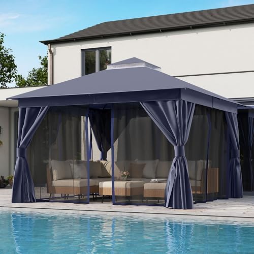 LAUSAINT HOME 12x12 Gazebo Canopy with Netting, Curtains & Double Roof