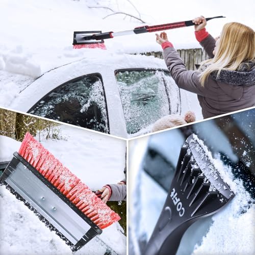 COFIT 39" Car Snow Brush with Ice Scraper and Squeegee 3 in 1, Extendable Cleaning Kit Long Handle, Windshield Snow Removal Tool Scratch Free for SUV Truck RV Window Roof Exterior Wash Supplies, Red
