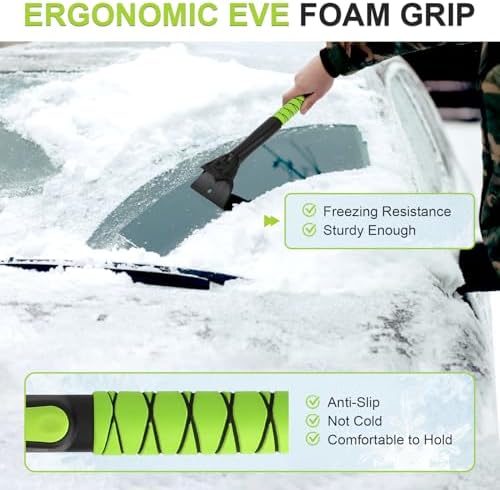 4 in 1 Ice Scraper & Snow Brush & Snow Shovel for Home Car, 43" Extendable Window Ice Removal with Squeegee for Windshield, Heavy Duty Snow Cleaner with Foam Grip & 180° Rotating Head for Auto