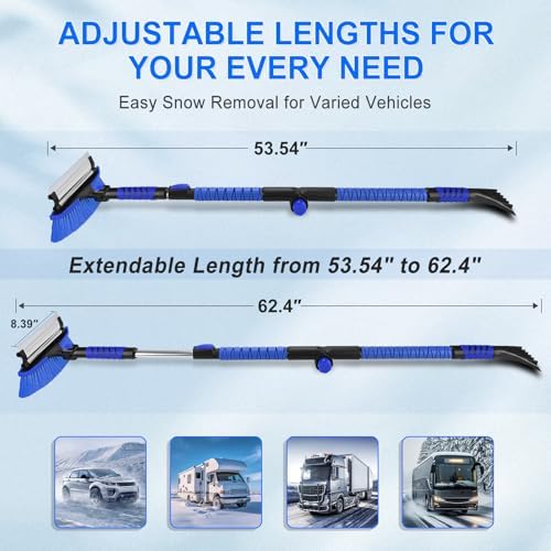 Foldable & Extendable Snow Brush and Ice Scraper for Car, 62.4", Blue