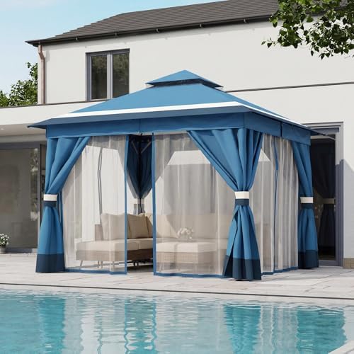 LAUSAINT HOME 10x10 Gazebo Canopy with Netting, Curtains & Double Roof