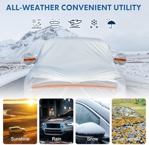 6-Layer Full Car Cover is All-Weather Waterproof, Universal in All Seasons, Snow Prevention, Rainproof, Acid Rainproof, Sunscreen, Ultraviolet-Proof, Fit SUV 214"-236" Orange Reflective Strip