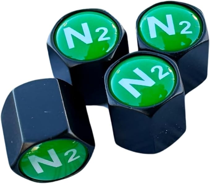 TACTILIAN N2 Nitrogen Tire Valve Caps | Leakproof Aluminum Tire Valve Stem Caps Green with Rubber O-Rings for Nitrogen Filled Tires | N2 Tire Valve Caps Green 4 Pack