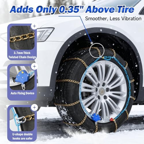 AutoFixing Snow Chains Tire Chains For Cars Suv Pickup Trucks, 3.7mm Twisted Alloy Steel, Fast 1-Min Install, Contains Titanium for Wear Resistance, Set of 2(HLN110)