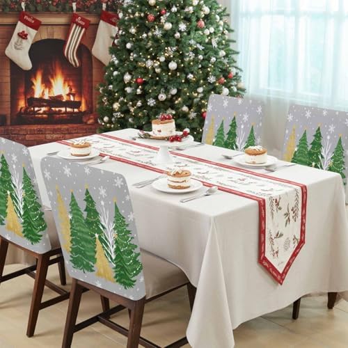 Christmas Tree Chair Back Covers Set of 8 Winter Snowflakes Stars Green Gold Tree Grey Bottom Washable Removable Chair Cover Slipcover Protector for Dining Room Hotel Party Holiday Decor