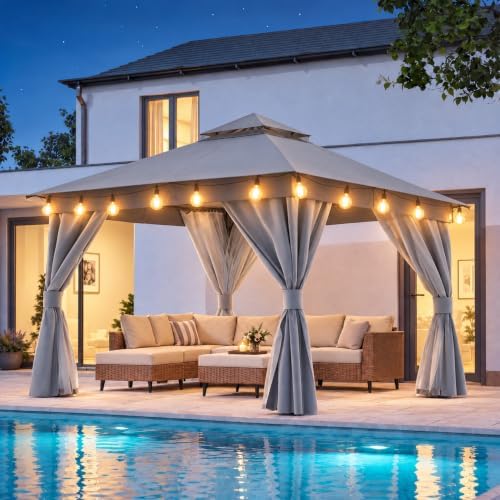 LAUSAINT HOME 10x10 Gazebo with Lights, Netting, Curtains & Double Roof