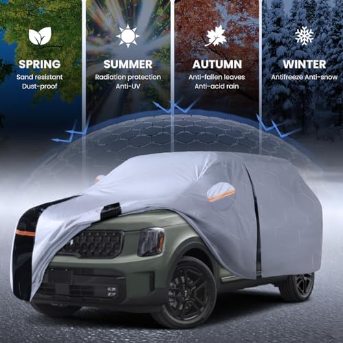 Multi-Layer Car Cover Custom Fit for Kia Telluride(2016-2026), 100% Waterproof All Weather for Automobiles, Gift with Towel, Heavy Duty Car Covers for Rain Sun UV Protection with Door Zipper