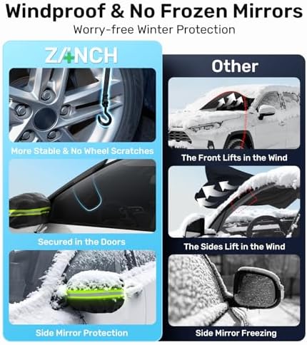 Zanch Windshield Cover for Ice and Snow [3-Second Snow Removal & 7-Layer Full Coverage] 6-Point Snowproof Fixation & Reflective Mirror Covers, Fits SUVs XL (66'' x 52'')