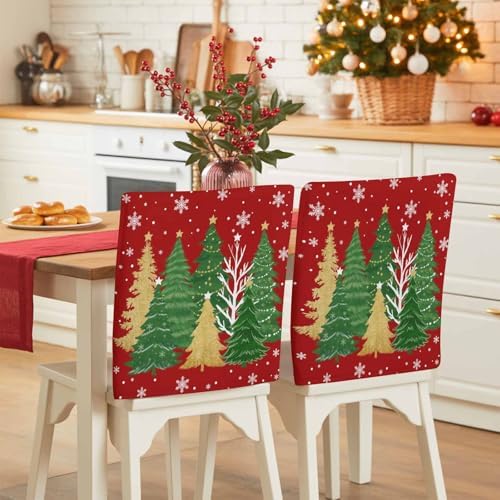 Christmas Tree Chair Back Covers Set of 6 Winter Snowflakes Stars Green Gold Tree Watercolor Red Bottom Washable Removable Chair Cover Slipcover Protector for Dining Room Hotel Party Holiday Decor