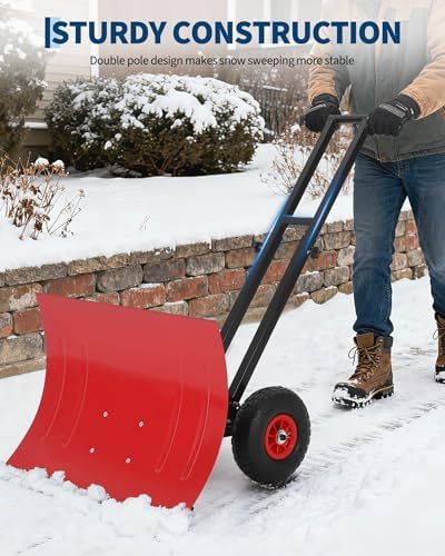 TrailBlaze Heavy Duty Rolling Snow Shovel with Wheels – 29x20 Wide Metal Blade – 5-Position Adjustable Ergonomic Handle – Anti-Slip Design – Commercial Snow Removal for Driveways, Sidewalks, Pavement