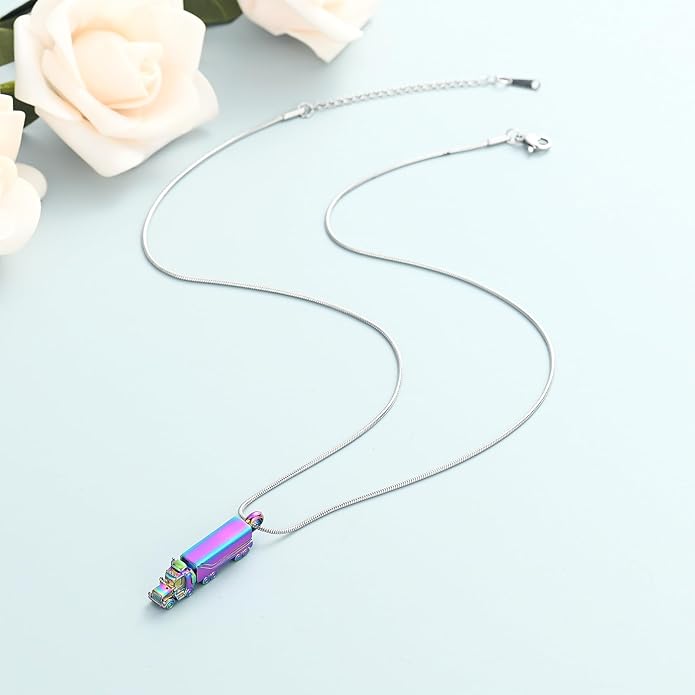 shajwo 18 Wheeler Semi Truck Urn Necklace for Ashes for Men Women Cremation Jewelry of Loved Ones Memorial Locket Pendant
