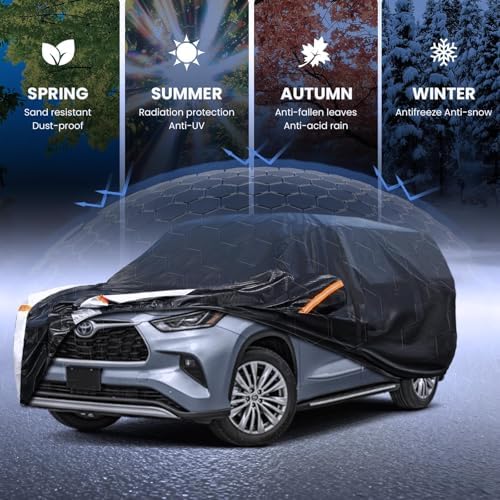 Multi-Layer Car Cover Custom Fit for Toyota Highlander(2001-2026), 100% Waterproof All Weather for Automobiles, Gift with Towel, Heavy Duty Car Covers for Rain Sun UV Protection with Door Zipper