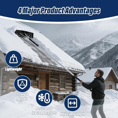 Roof Snow Removal Tool with Twist Lock Telescoping Pole, 4.9–15.7 Ft Extendable Roof Snow Rake, Plastic Blade Snow Rake for Slanted Roof