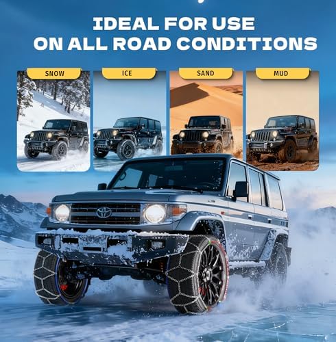 K-Musculo Snow Chains for Car Tires, Portable Reusable Universal Emergency Tire Traction Chain for Passenger Car, Auto Fixing 1 Min Quick Fit Easy Installation, Pickup Trucks and SUV Set of 2 (HYR-A)