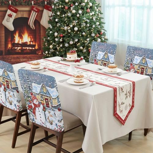 Christmas Snowman Chair Back Covers Set of 8 Xmas Tree Farmhouse Snowflake Washable Removable Chair Cover Slipcover Protector for Dining Room Hotel Party Holiday Decor