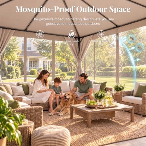 LAUSAINT HOME 12x12 Gazebo Canopy with Netting, Curtains & Double Roof