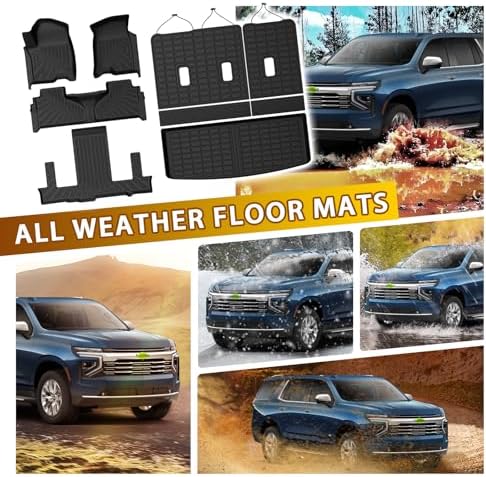 Powerty Floor Mats for 2021-2025 2026 Chevrolet Chevy Tahoe/GMC Yukon 7 Passenger Car Mats (Not for Yukon XL), All Weather 3D TPE Trunk Cargo Liner Seat Back Covers Protectors Full Set Car Accessories