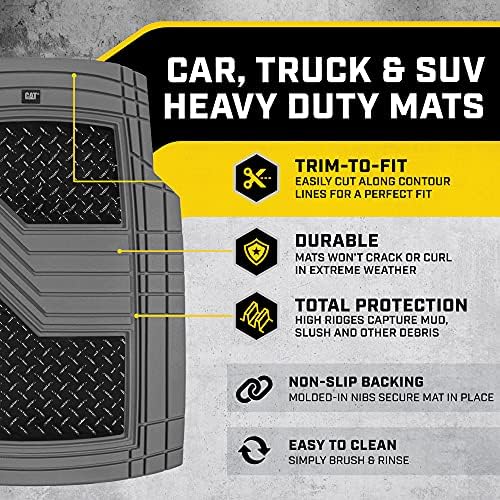 CAT® DiamondShield™ Rubber Floor Mats for Cars Trucks SUVs, All Weather Protection Front & Rear Car Mats Set, Heel Pad & Anti-Slip Backing, Universal Fit Trim-to-Fit Rubber Floor Mats for Car, Gray