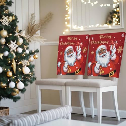 Merry Christmas Chair Back Covers Set of 8 Black Santa Claus Xmas Snowflake Gold Red Washable Removable Chair Cover Slipcover Protector for Dining Room Hotel Party Holiday Decor