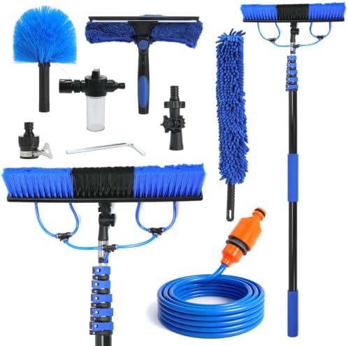 Solar Panel Cleaning Brush Kit with 5-24FT Telescopic Pole Water Fed Brush Window Gutter Cleaning Tool 20'' Wide Brush,Soap Dispenser, Squeegee & Cobweb Duster for Roof RV Deck Snow Removal