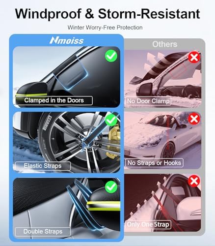 Nmoiss Windshield Snow Cover for Ice & Snow Frost Tesla Model Y/Model 3 — Tailored 3-in-1 Frost & Ice Shield with Mirror Covers & Ice Scraper, Waterproof 600D Oxford + Windproof Design Large Size