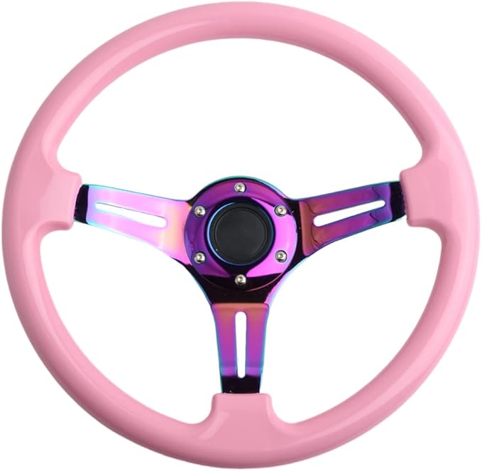 Classic Pink Racing Steering Wheel Neo Chrome Spoke 350mm 13.5" Deep Dish ABS Hard Wood Steering Wheel with Horn Button