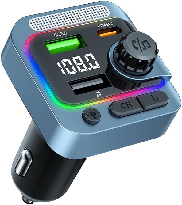 FM Transmitter Bluetooth Car Adapter - 63W Wireless Radio FM Bluetooth Transmitter with Deep Bass Player for Old Cars [PD 45W & QC3.0], Car Charger USB C Fast Charge, Hands-Free Calling, Blue