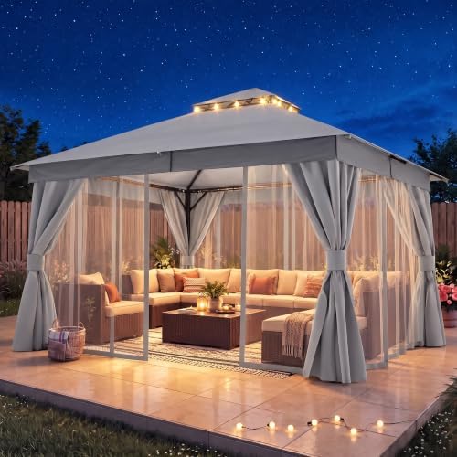 LAUSAINT HOME 12x12 Gazebo Canopy with Netting, Curtains & Double Roof