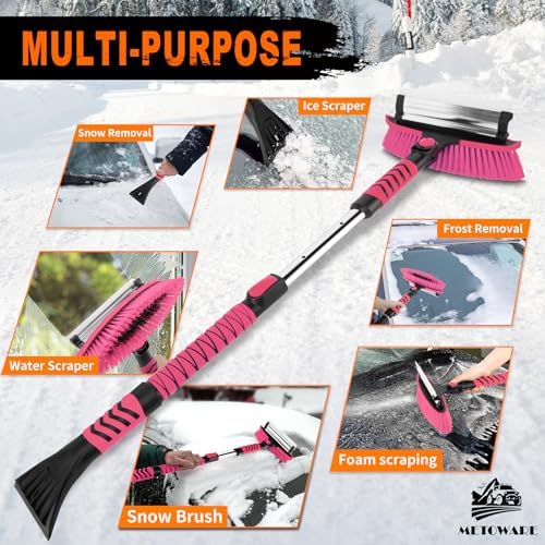 METOWARE 44" Ice Scraper and Snow Brush for Car Windshield, Extendable Heavy Duty Ice Remover with 360° Pivoting Head for SUV Truck, Ergonomic Grip, Pink