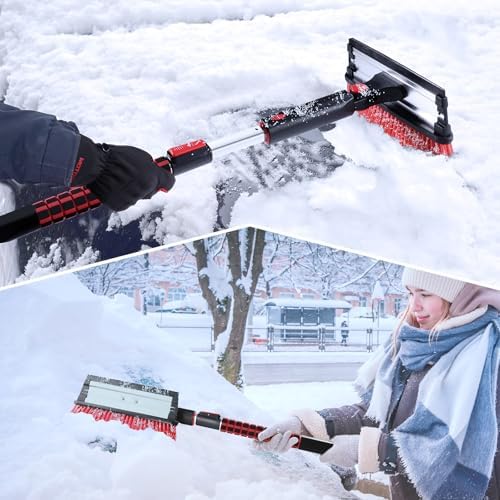COFIT 39" Car Snow Brush with Ice Scraper and Squeegee 3 in 1, Extendable Cleaning Kit Long Handle, Windshield Snow Removal Tool Scratch Free for SUV Truck RV Window Roof Exterior Wash Supplies, Red