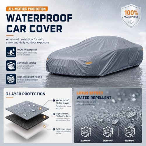 Large Car Cover Waterproof All-Weather,Outdoor Covers Custom Fit for Cadillac DeVille,Lincoln Town,Chevrolet Bel Air,Caprice,Thunderbird,Impala,Cutlass,Mercury Cougar (See Size Chart)