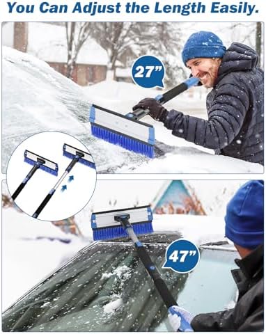 JOYTUTUS 47” Car Snow Brush, 4 in 1 Extendable Auto Car Snow Removal Broom Brush with Squeegee, 270° Foam Grip Car Retractable Snow Shovel with Durable Ice Scraper and Gift Gloves for Car SUV, Blue.
