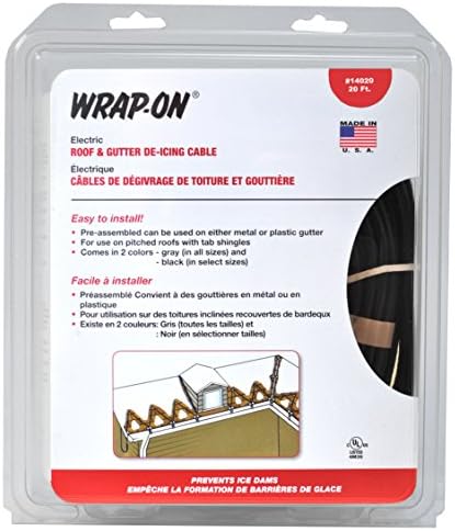 Wrap-On Roof and Gutter Deicing Cable - 20' Grey Electric Heating Cord with 3 Prong Plug & 120 Volt Operation - 14020