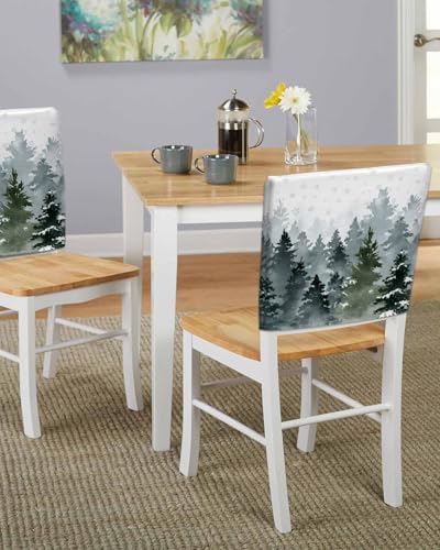 Misty Foggy Trees Chair Back Covers Set of 6 Winter Forest Christmas Snowflake Dark Green Washable Removable Chair Cover Slipcover Protector for Dining Room Hotel Party Holiday Decor