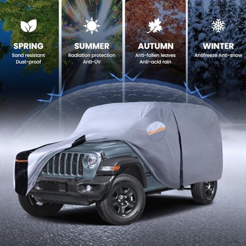 Multi-Layer Car Cover Custom Fit for Jeep wrangler 4 Dr/Unlimited 4 Dr JK JL(1987-2026), 100% Waterproof All Weather for Automobiles, Gift with Towel, Heavy Duty Car Covers for Rain Sun UV Protection.