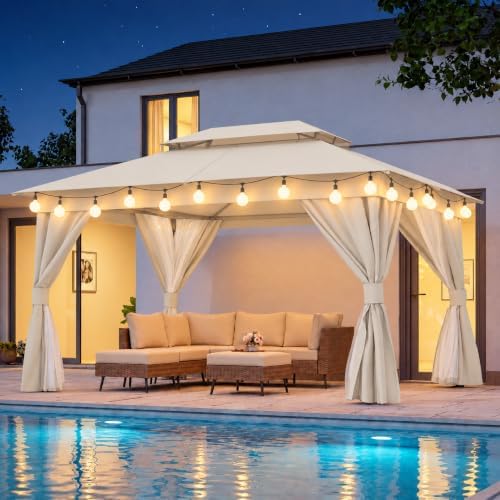 LAUSAINT HOME 10x13 Gazebo with Lights, Netting, Curtains & Double Roof