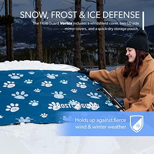 FrostGuard Vortex | Full-Coverage Car Windshield Cover for Ice and Snow, Standard Size (Puppy Paws) - Wiper Blade + Side Mirror Covers - Fit-Fast Straps, Security Panels + Storage Pouch - 59x41 Inches