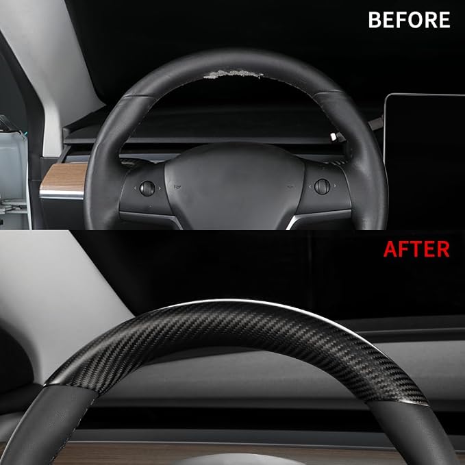 JSWAN Real Carbon Fiber Steering Wheel Cover for Tesla Model 3 2017 to 2023 Model Y 2020 to 2024 Steering Wheel Trim Cover Steering Wheel Wrap Protector Interior Accessories (Matte Black Upper Part)