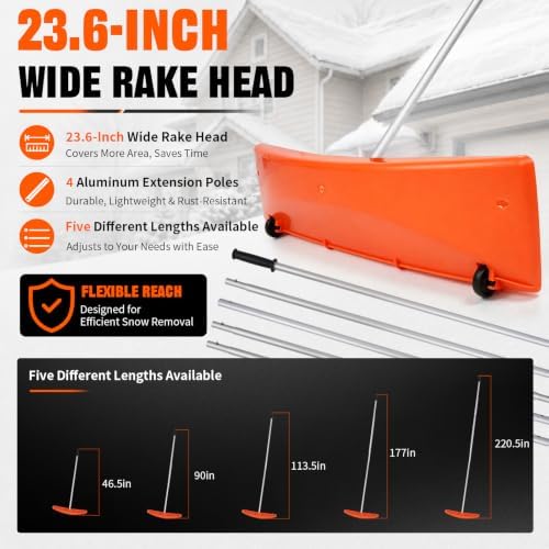 Outvita 18.4FT Snow Roof Rake, 24 in PP Plastic Blade with Wheels, Orange