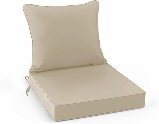 Summsun Outdoor Chair Cushions, Waterproof Backrest and Deep Seat Cushion Set for Patio Furniture, Outdoor Sofa Replacement Cushions with Removable Cover, 24 x 24 Inch, Cream, 1 Set